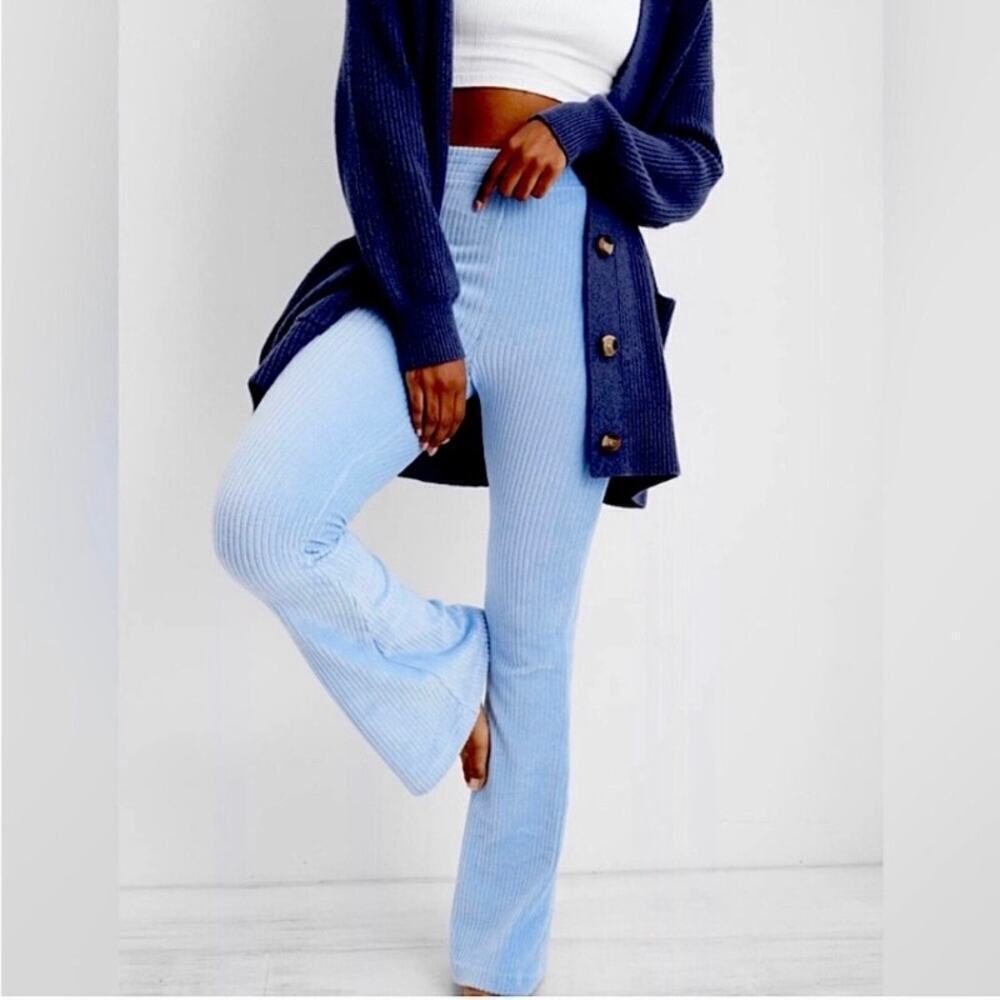 Aerie Sz L Light Blue Groove-on Velour High Waisted Flared Pants Loungewear